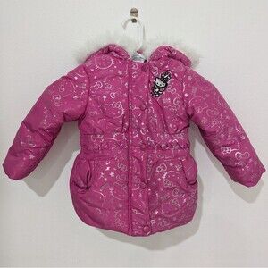 Hello Kitty Sanrio Little Girl's Pink Silver Puffer Coat White Faux Fur Trim 4T